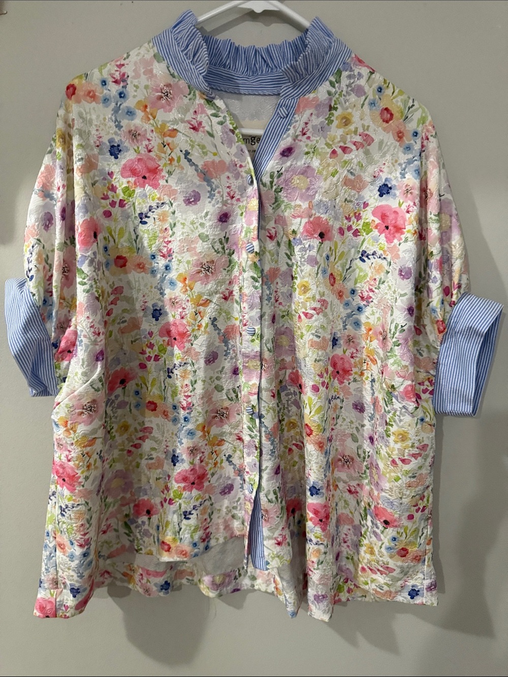 Umgee Floral oversized Button-Up Blouse with Blue Stripe Trim